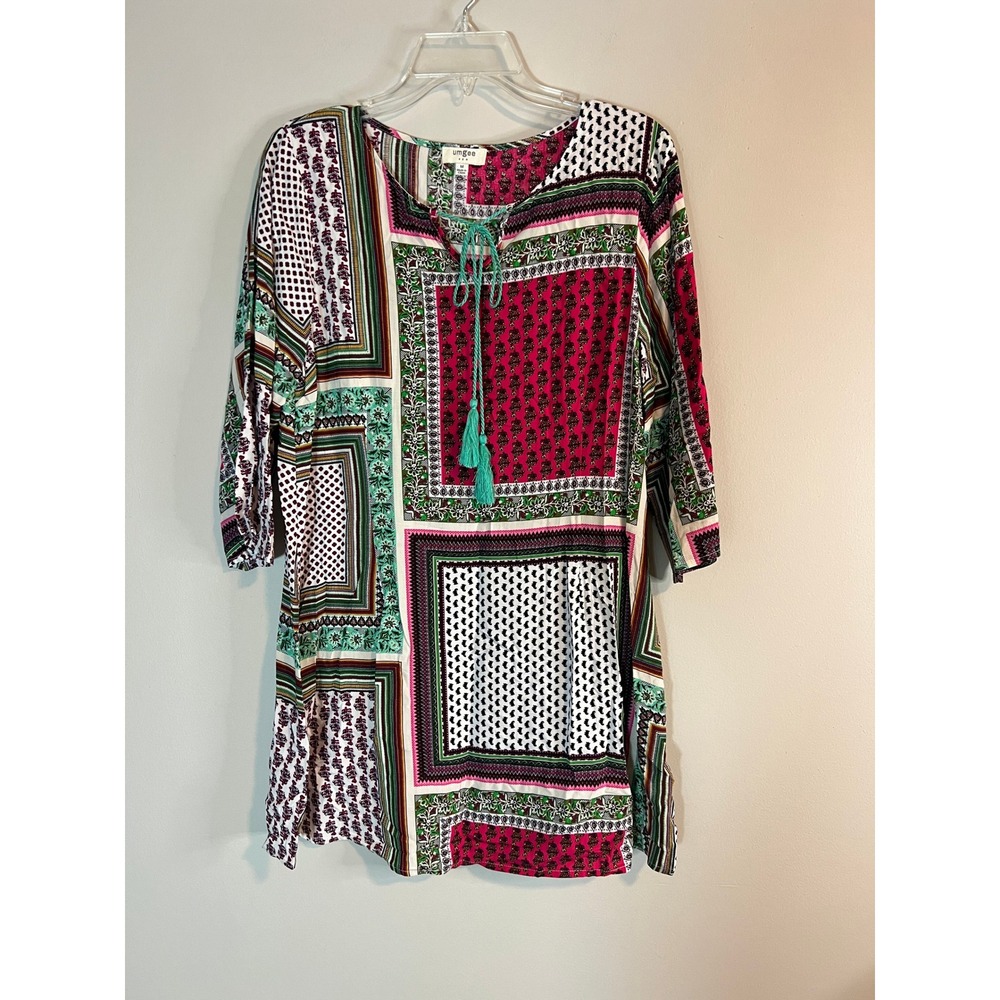 Umgee USA Womens Medium Boho Patchwork Tassel Tunic Top Pink‎ Green B5608